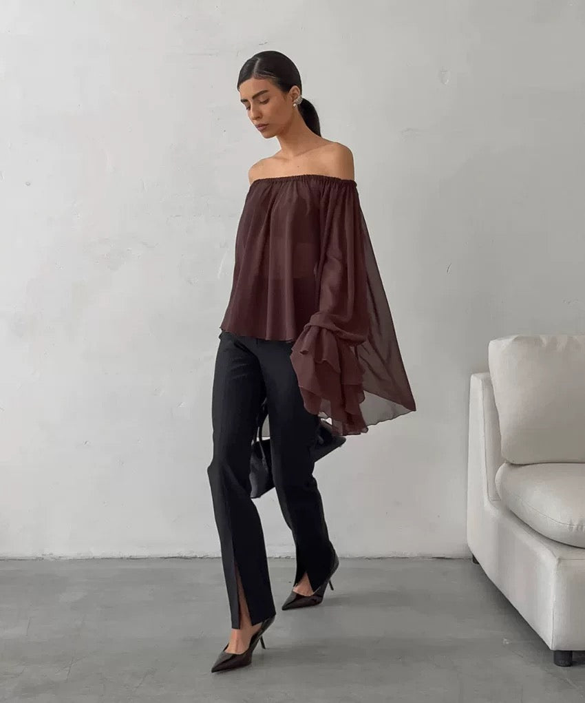 ティアードフリルオフショルダーシアーブラウス