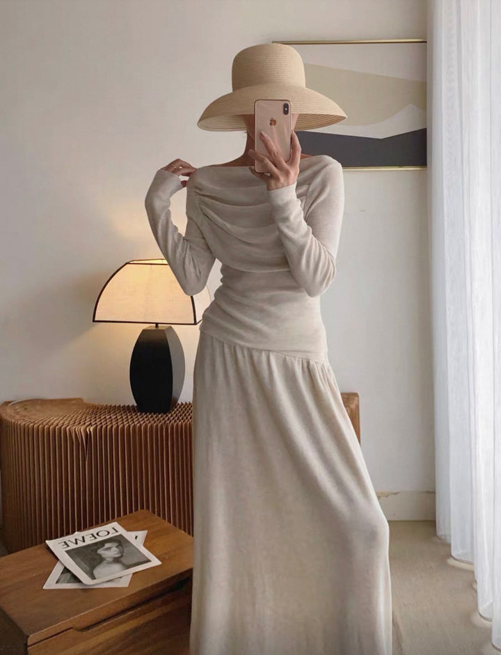 ウール混オフショルドレープトップス