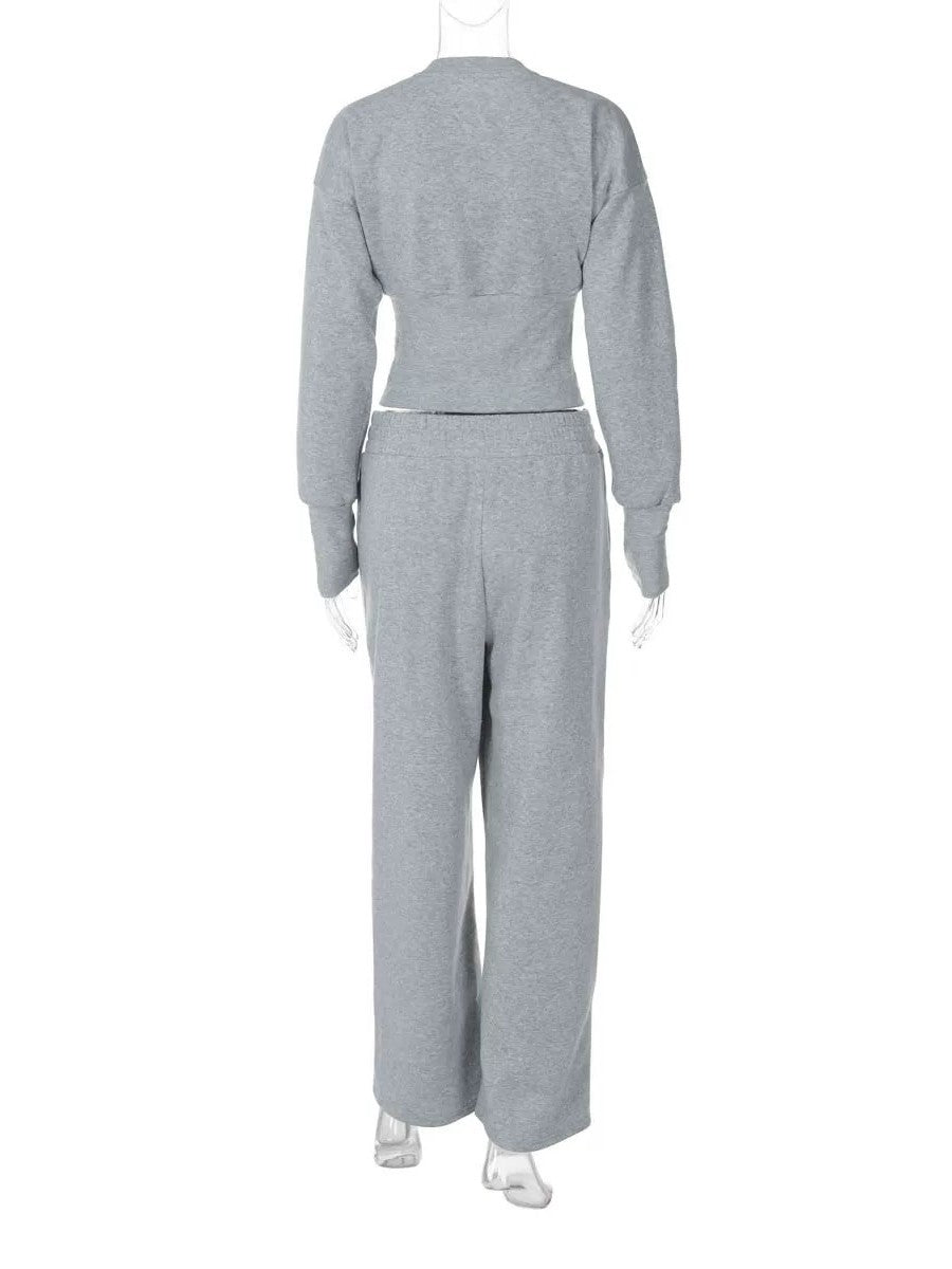 ボタンデザインスウェットワイドパンツセット