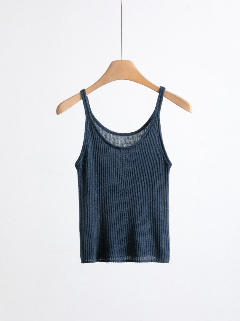 リネンブレンドUネックリブタンクトップ（パステル）