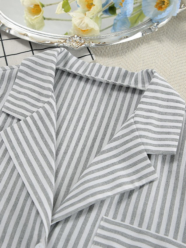 ストライプ長袖シャツダブルウエストパンツセット