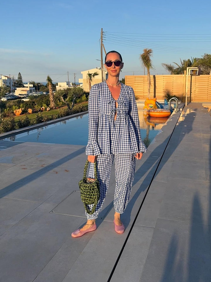 【アウトレット】(即納) チェック柄タイフロントブラウスジョガーパンツセット