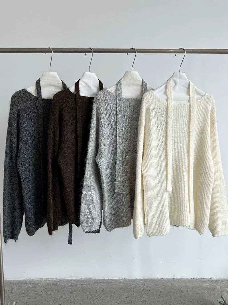 ウール混ニットリボン付きセータースカートセット