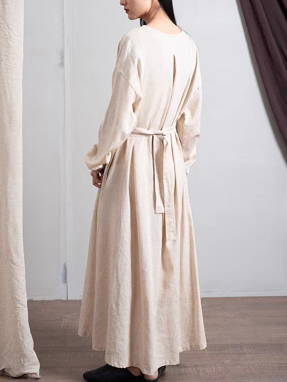 ナチュラルリネンフレア切り替えロングワンピース