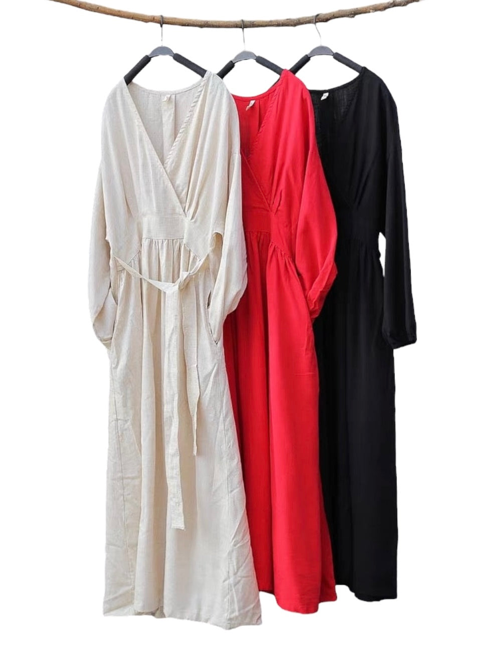 ナチュラルリネンフレア切り替えロングワンピース