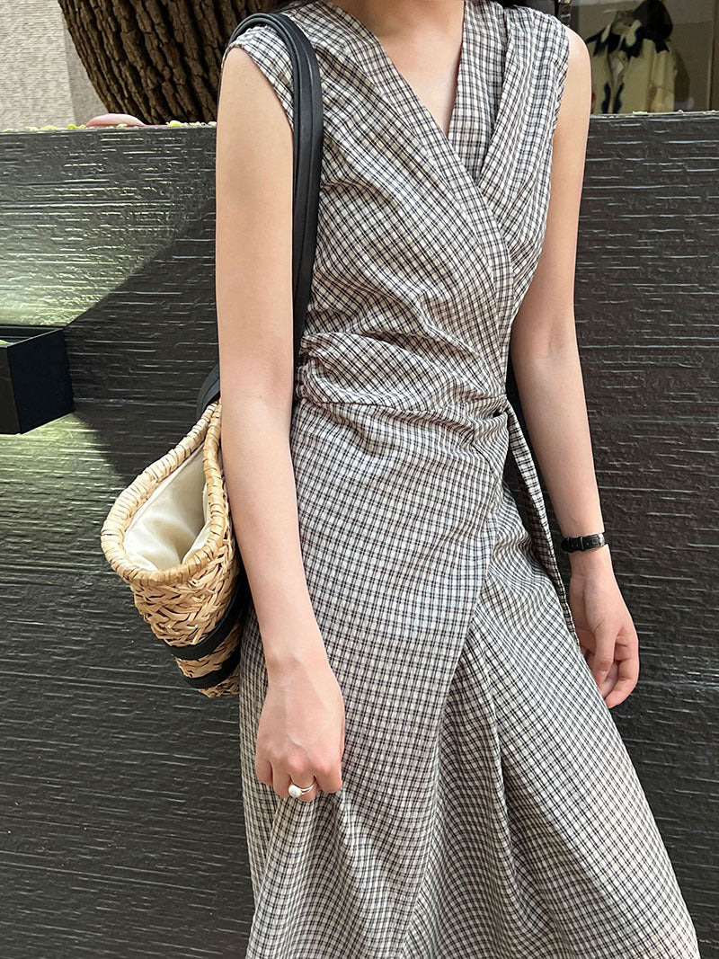 チェック柄カシュクールデザインワンピース