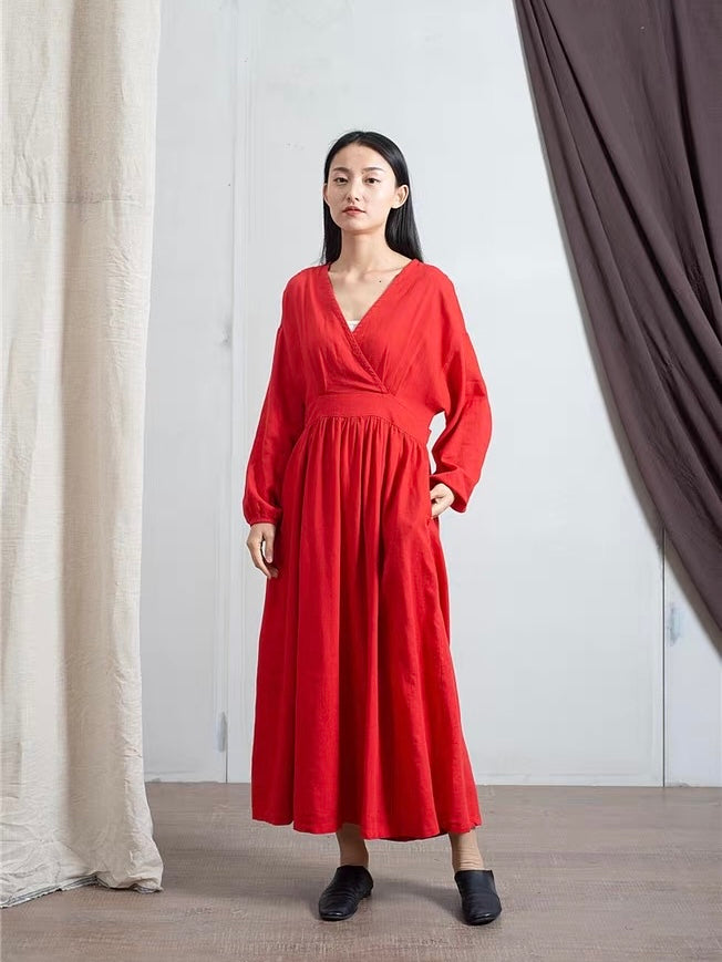 ナチュラルリネンフレア切り替えロングワンピース