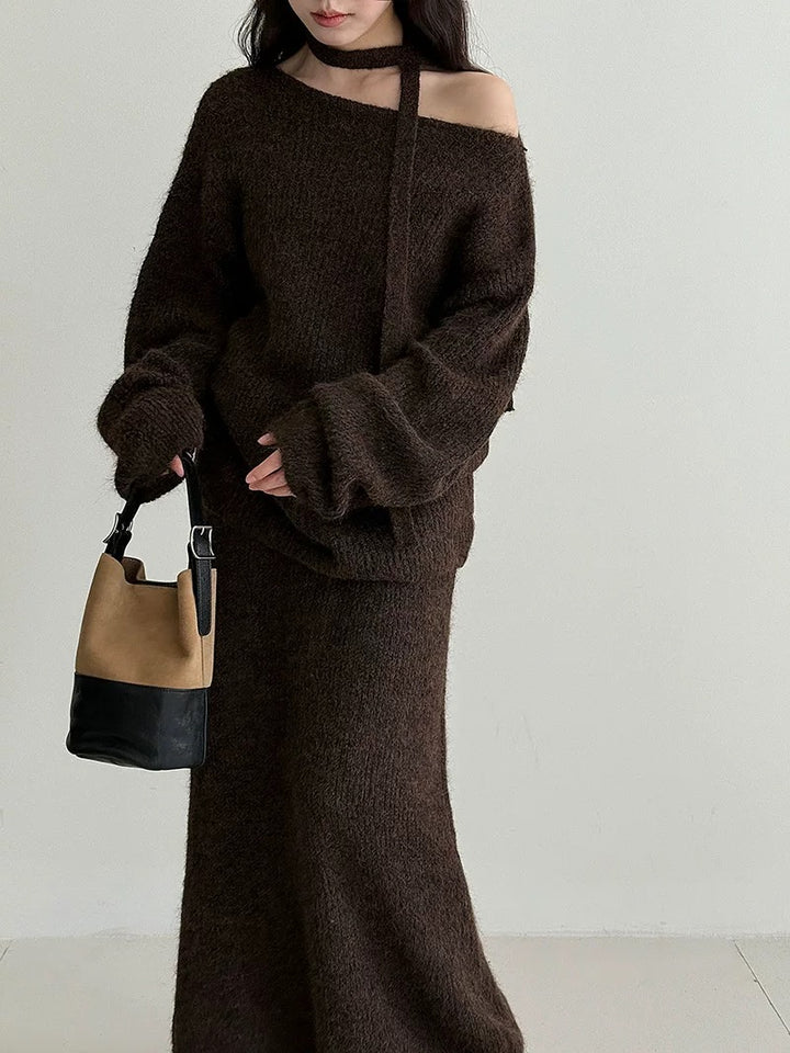 ウール混ニットリボン付きセータースカートセット