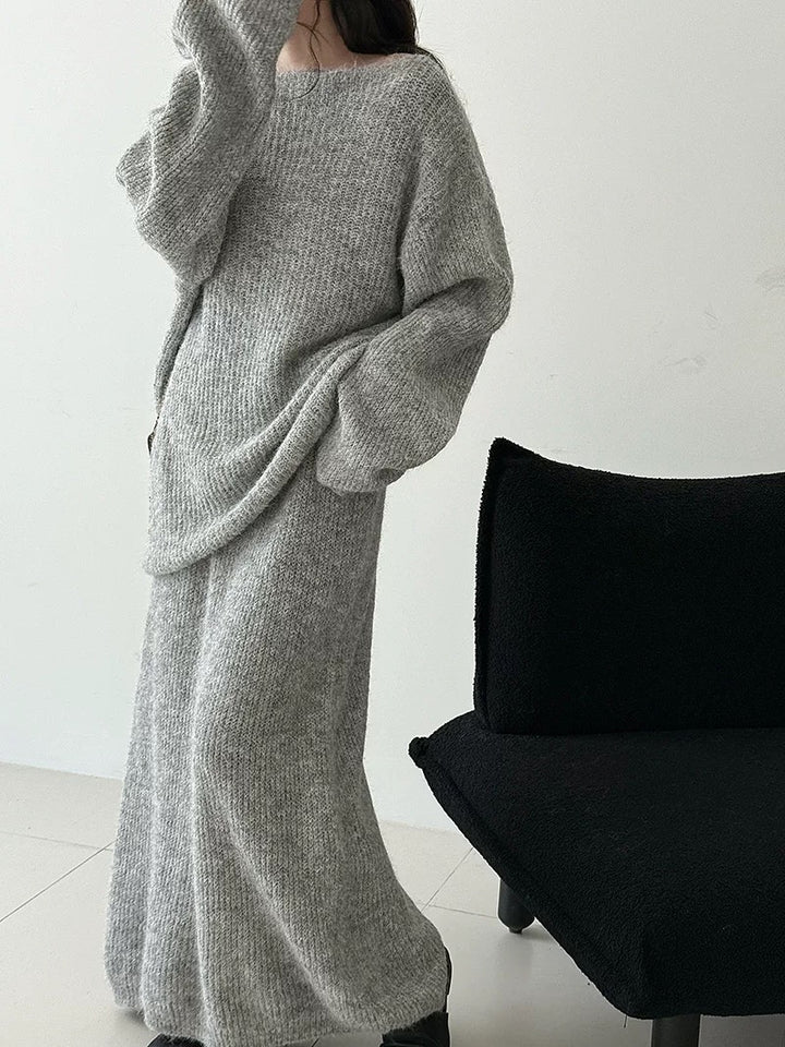 ウール混ニットリボン付きセータースカートセット