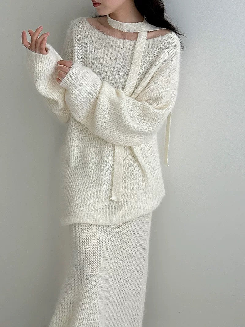 ウール混ニットリボン付きセータースカートセット