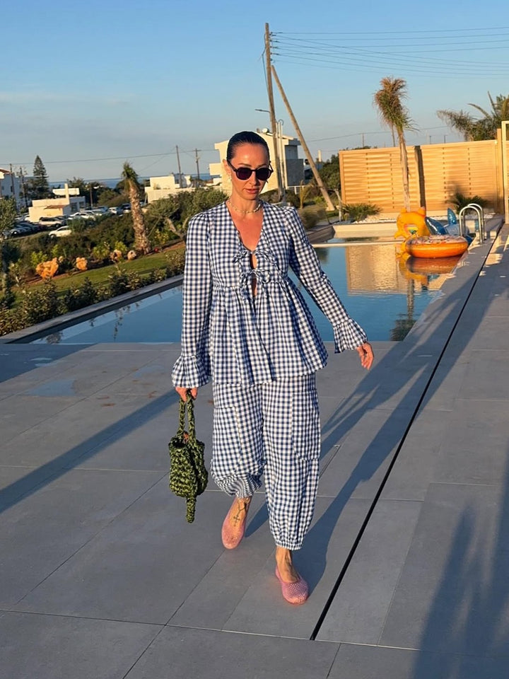 【アウトレット】(即納) チェック柄タイフロントブラウスジョガーパンツセット