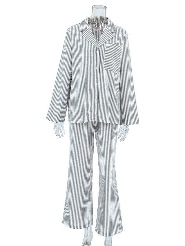 ストライプ長袖シャツダブルウエストパンツセット