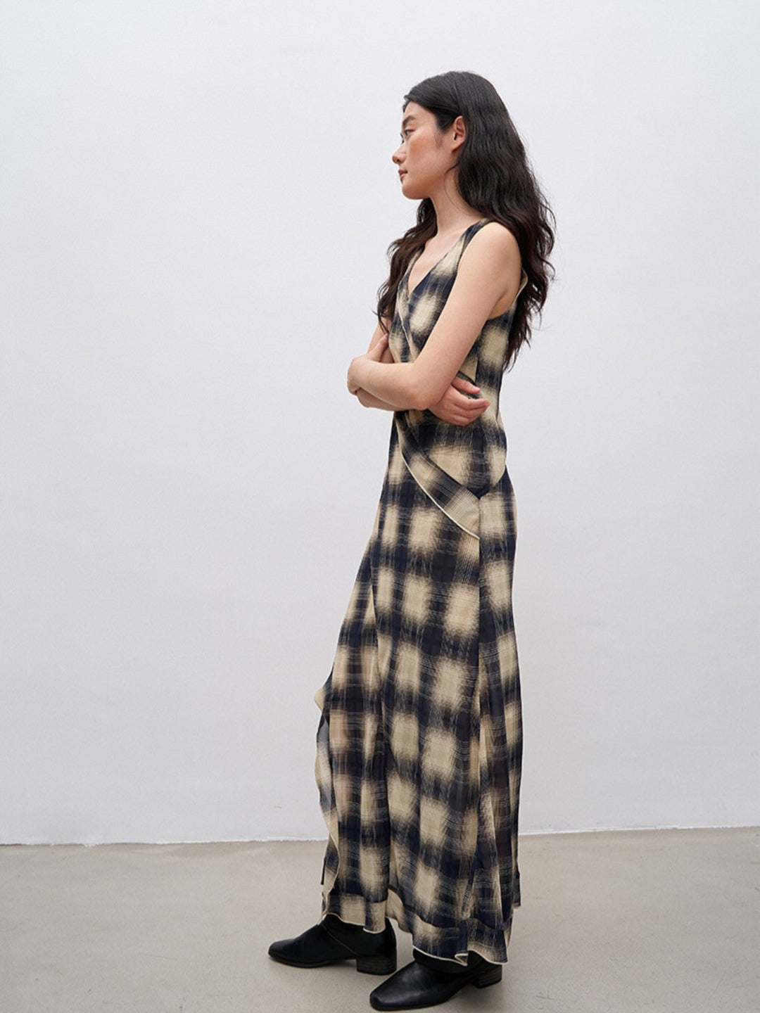 サイドフリルスリットチェックワンピース