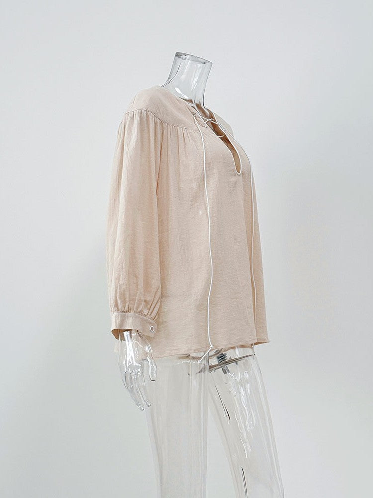 楊柳レースアップルーズブラウス