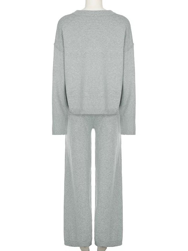 グレーニットフォールドウエストパンツセット