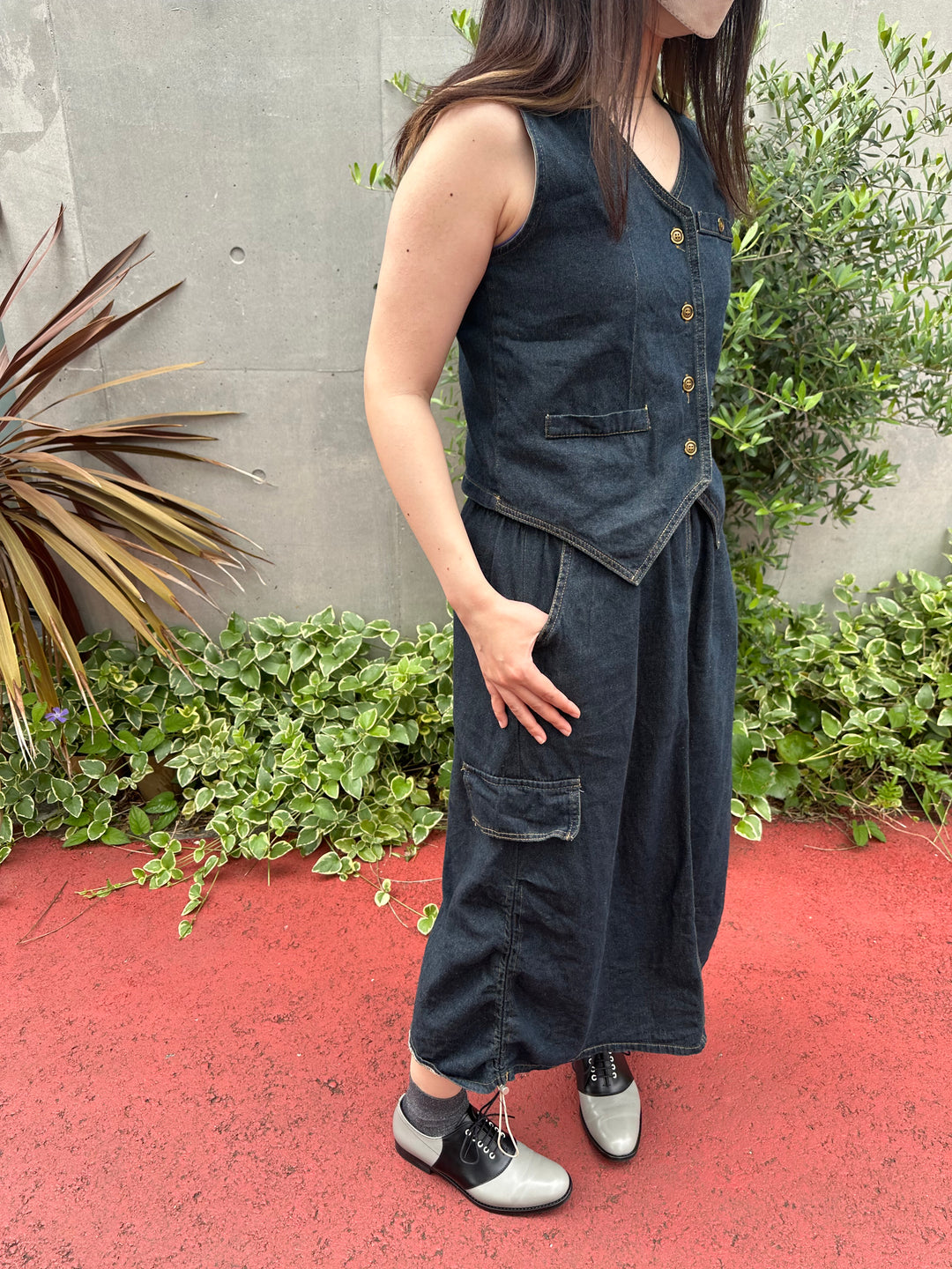 ノンウォッシュデニムベストスカートセット