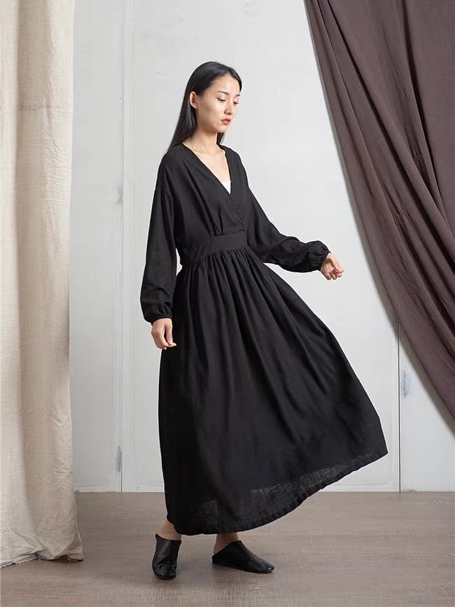 ナチュラルリネンフレア切り替えロングワンピース
