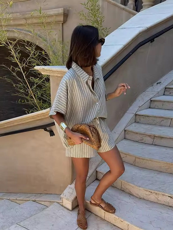 ストライプルーズ半袖シャツショーツセット