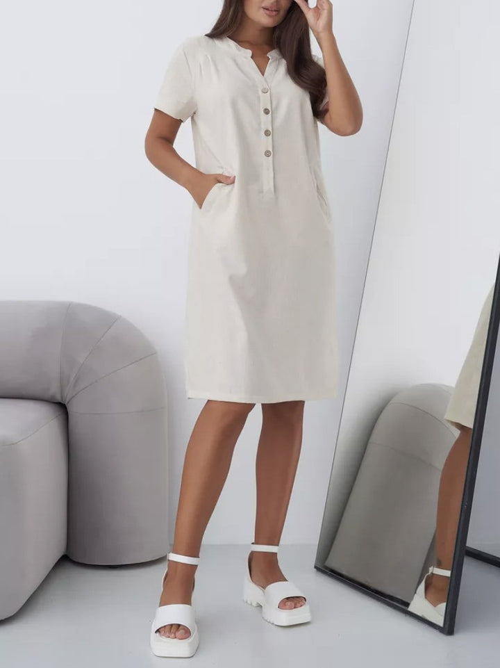 リネンブレンドキーネックチュニックワンピース