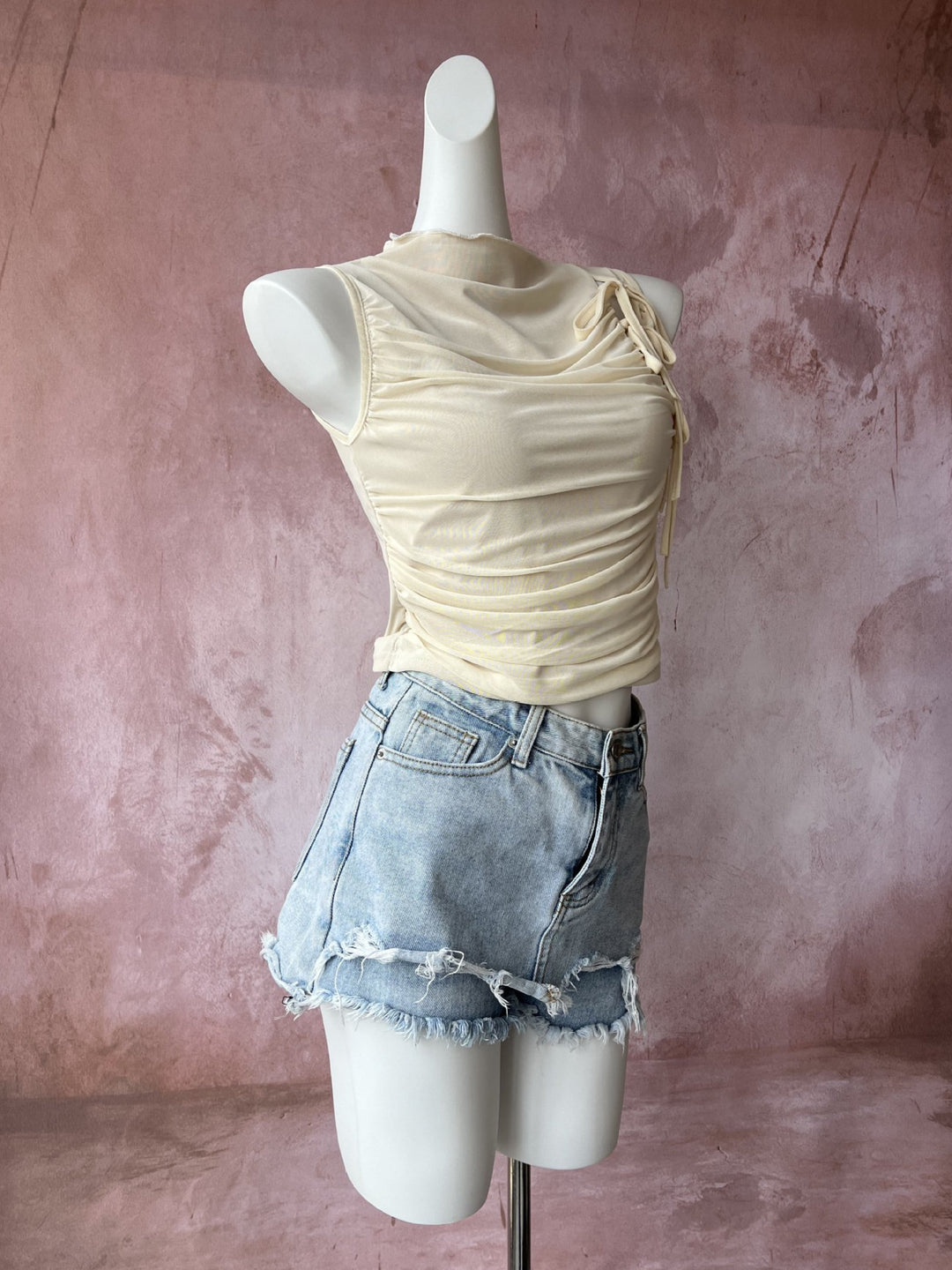 ドレープギャザーリボンチュールタンクトップ