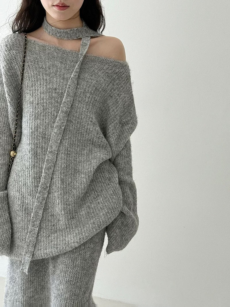 ウール混ニットリボン付きセータースカートセット