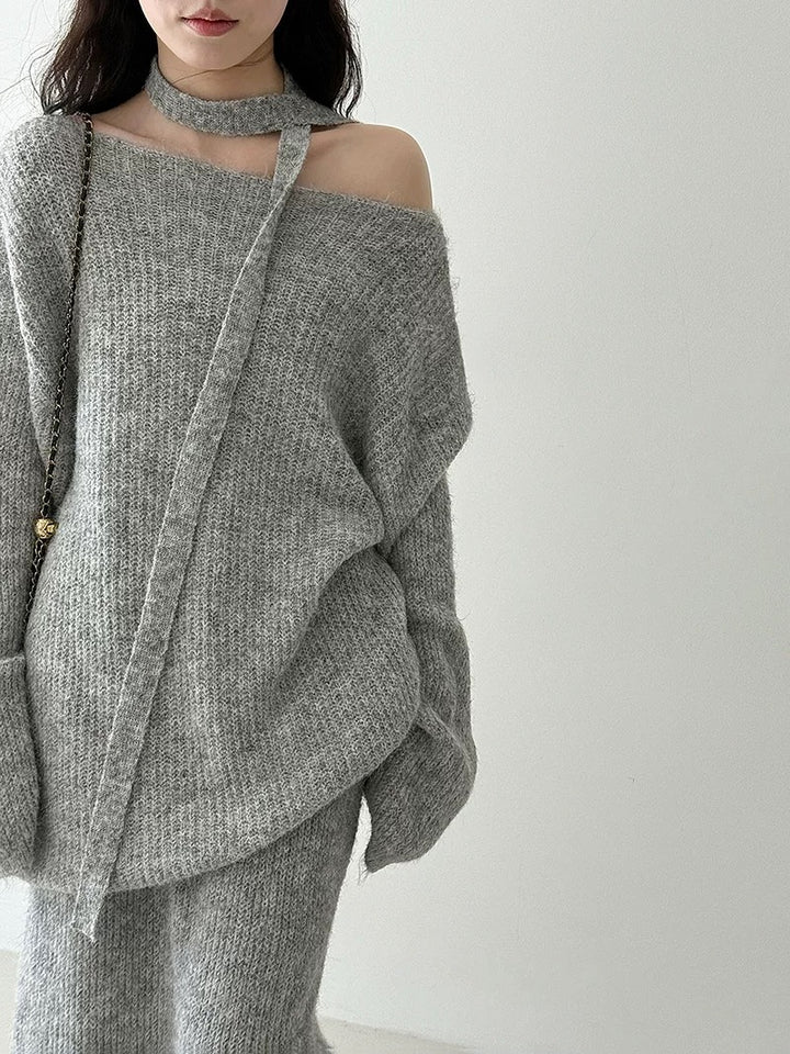 ウール混ニットリボン付きセータースカートセット