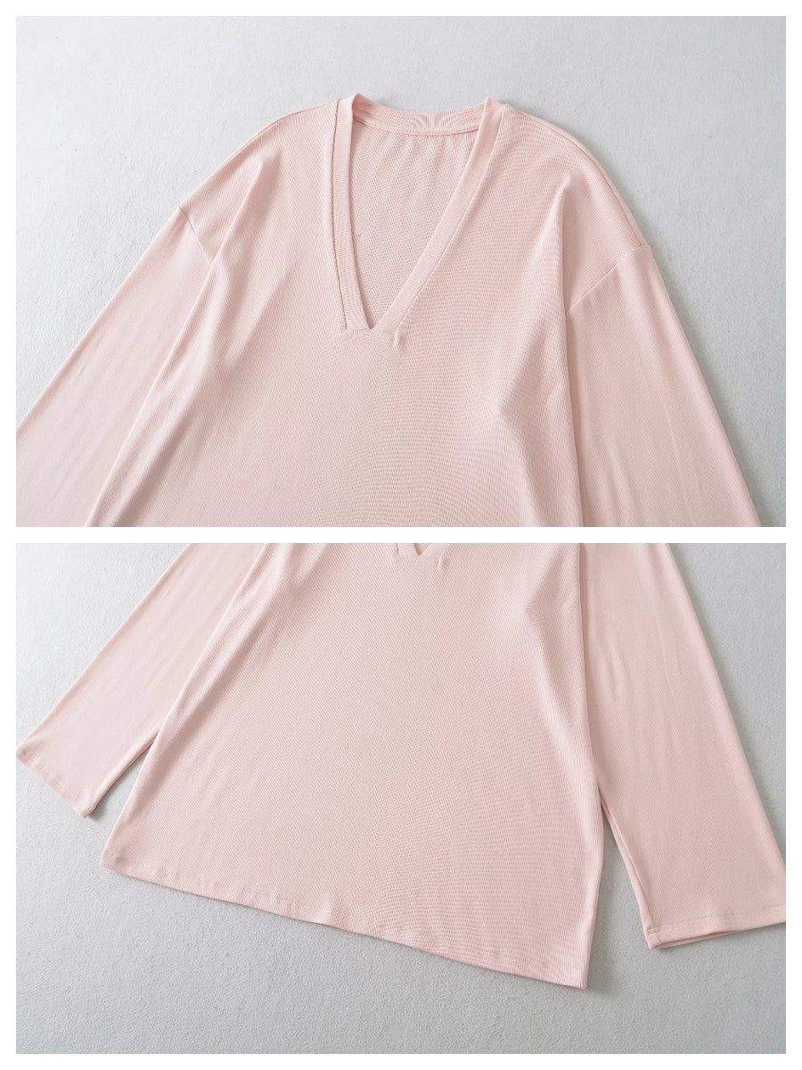 Vネックリラックスリブトップス