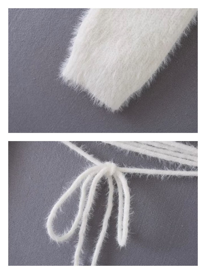 ウエストリボンシャギーニットクロップドカーディガン