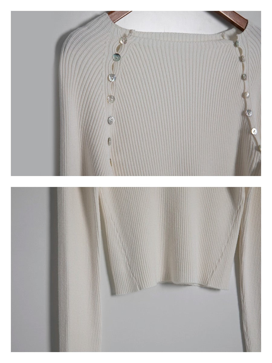 サイドシェルボタンリブニットトップス