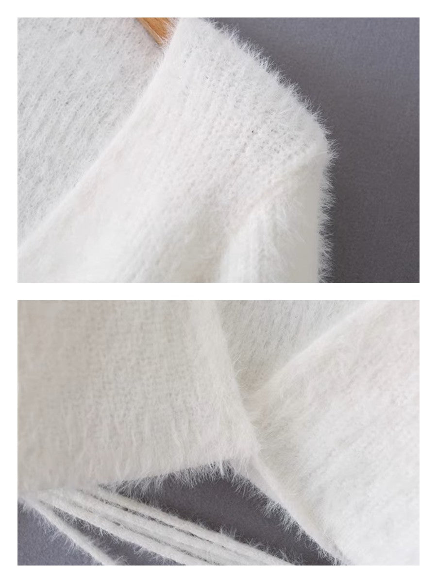 ウエストリボンシャギーニットクロップドカーディガン