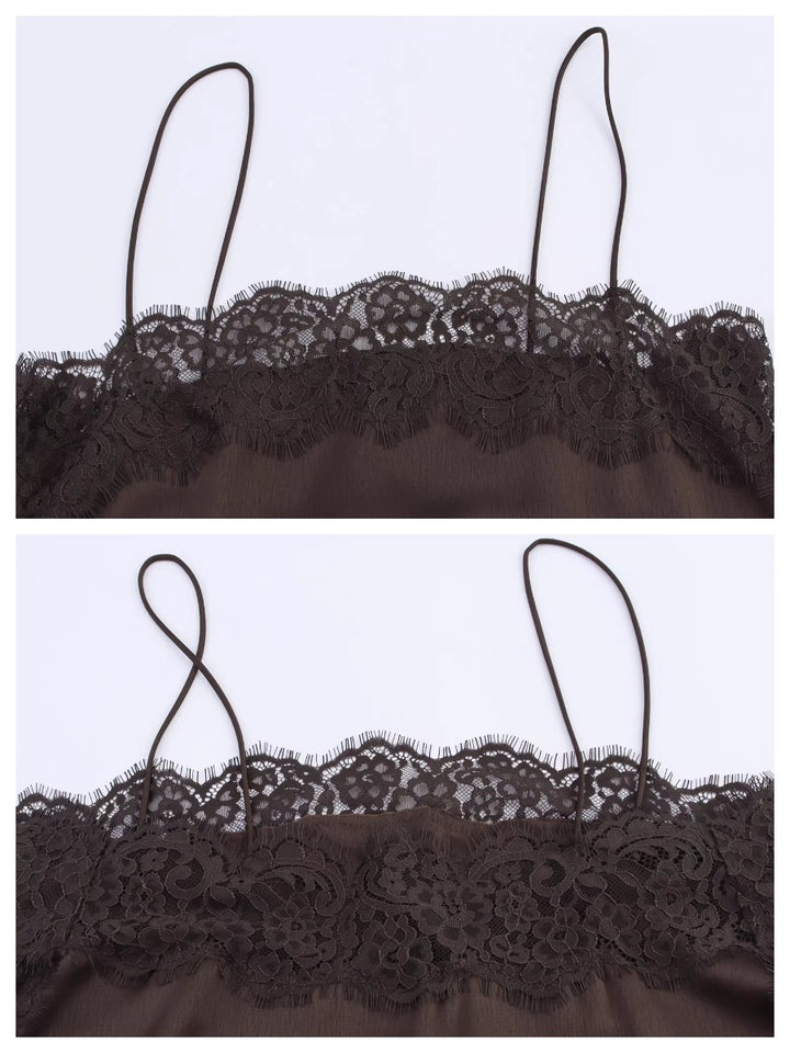 レーストリムサテンキャミソールトップス