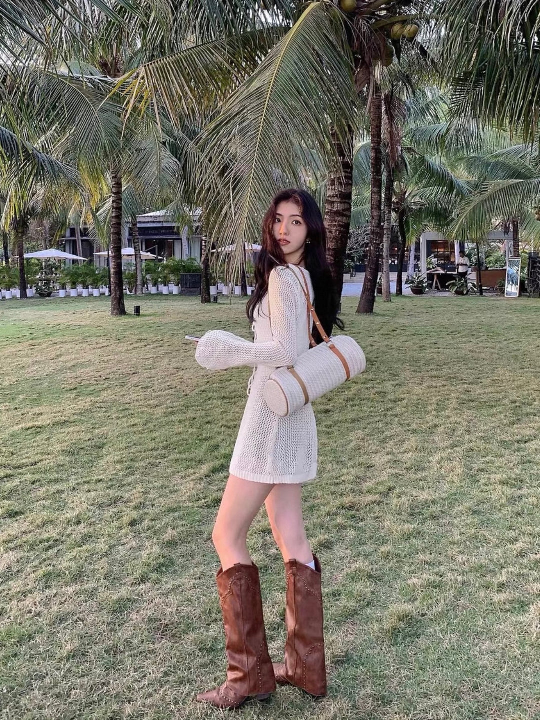 レースアップメッシュニットロングカーディガン