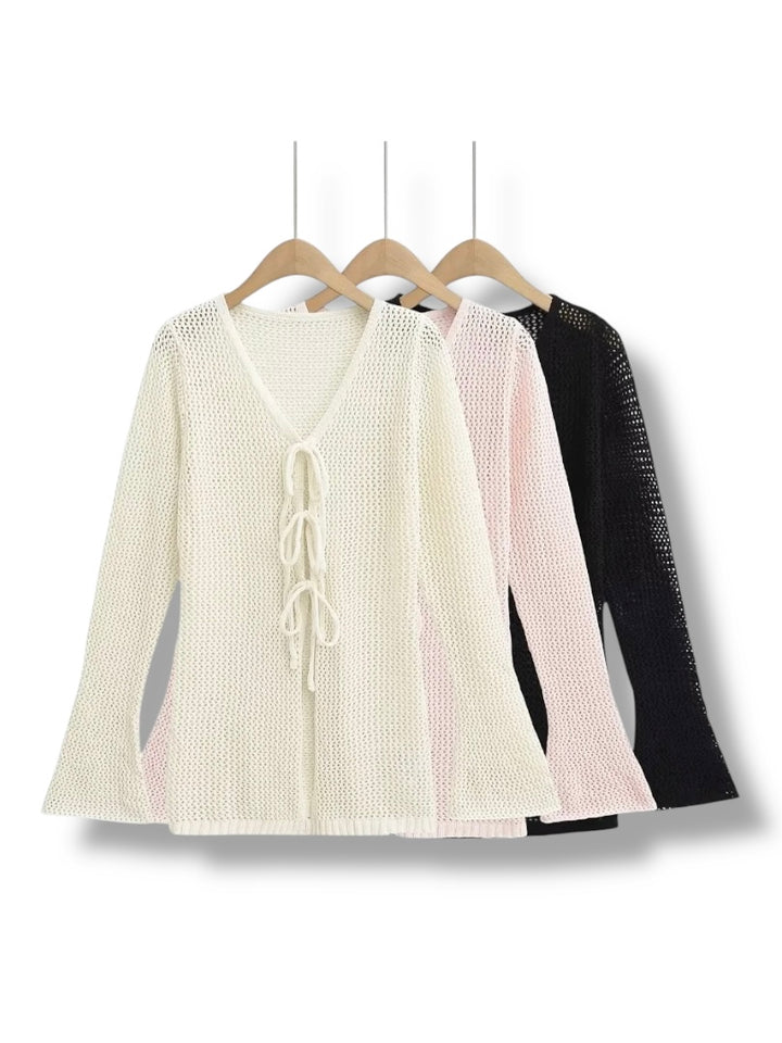 レースアップメッシュニットロングカーディガン