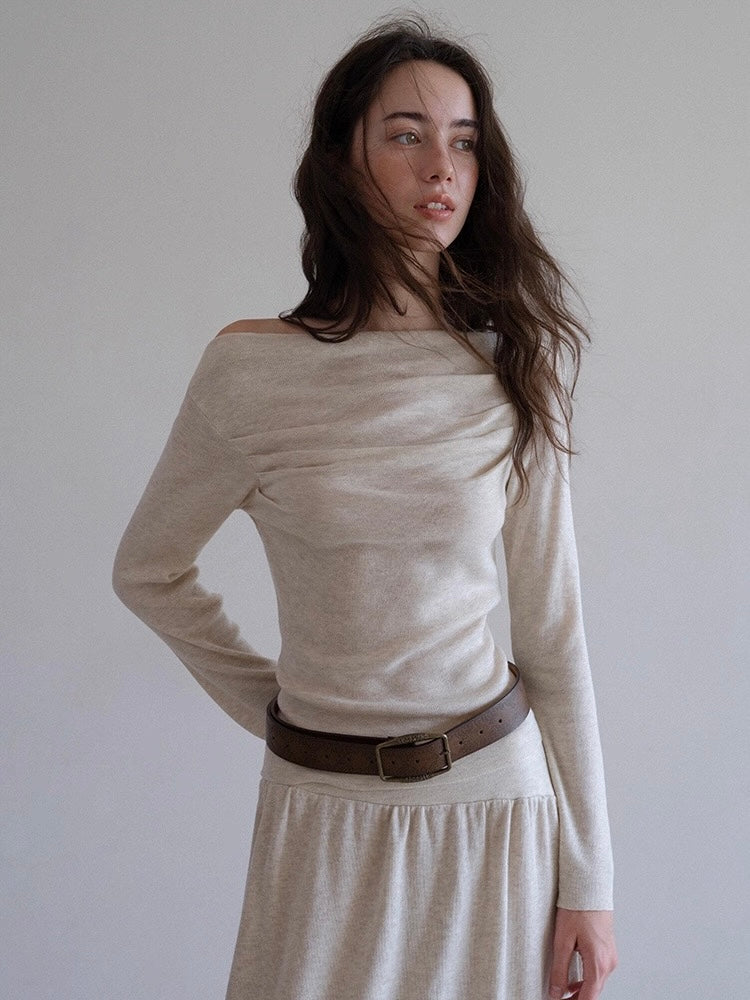 ウール混オフショルドレープトップス