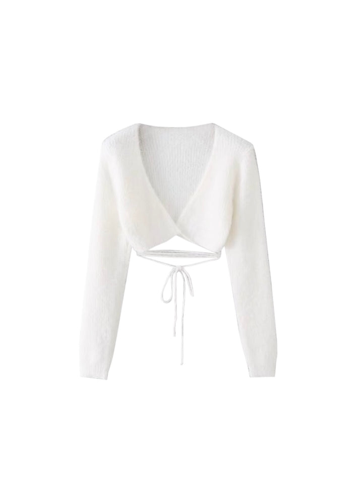 ウエストリボンシャギーニットクロップドカーディガン