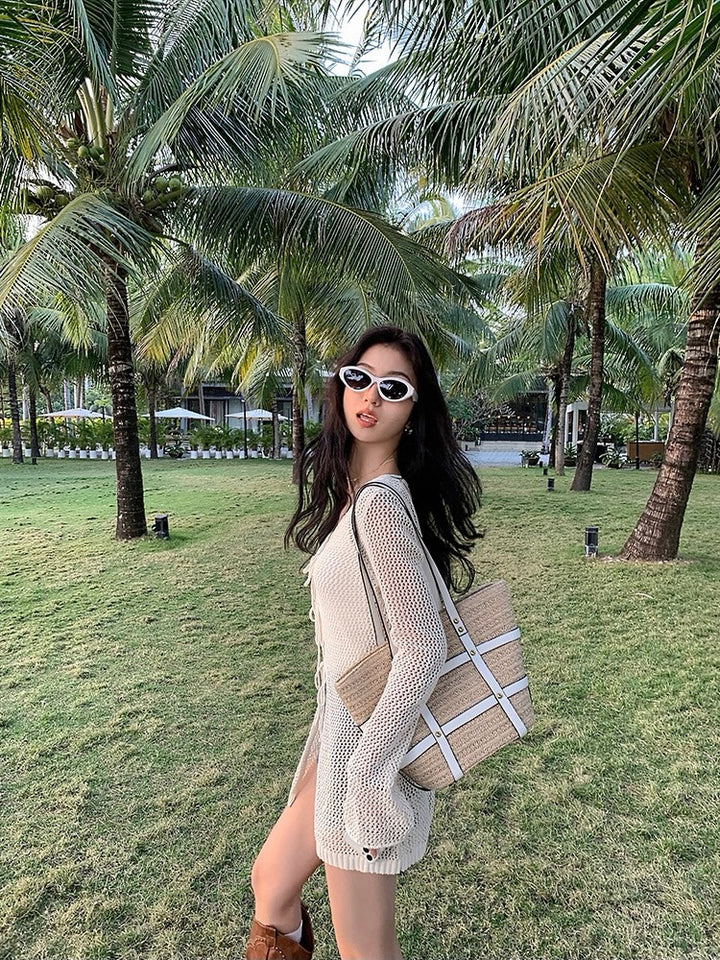 レースアップメッシュニットロングカーディガン