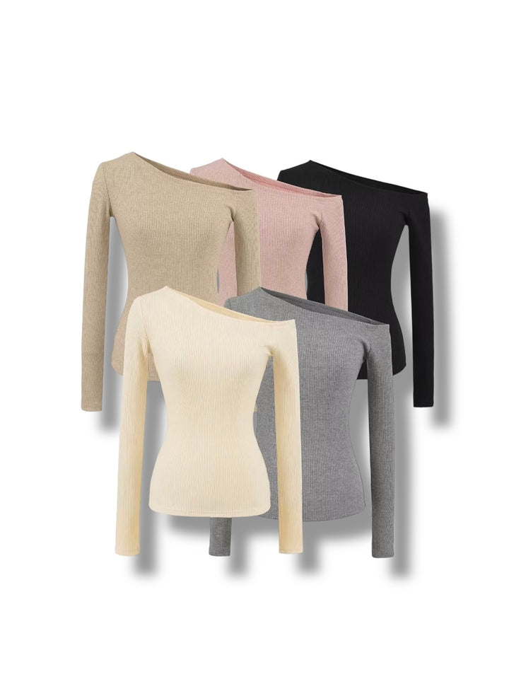 アシンメトリーネックリブトップス