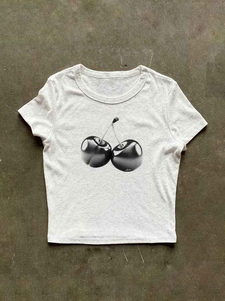 モノクロチェリープリントフィットTシャツ