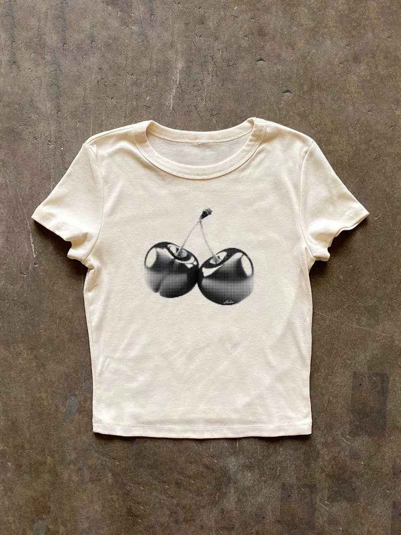 モノクロチェリープリントフィットTシャツ