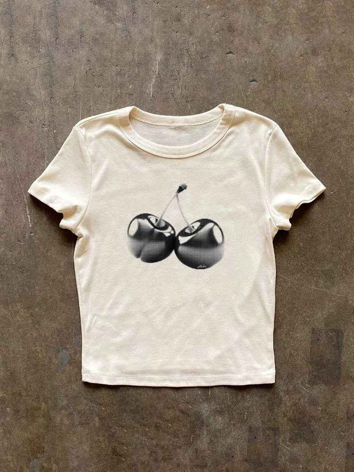モノクロチェリープリントフィットTシャツ