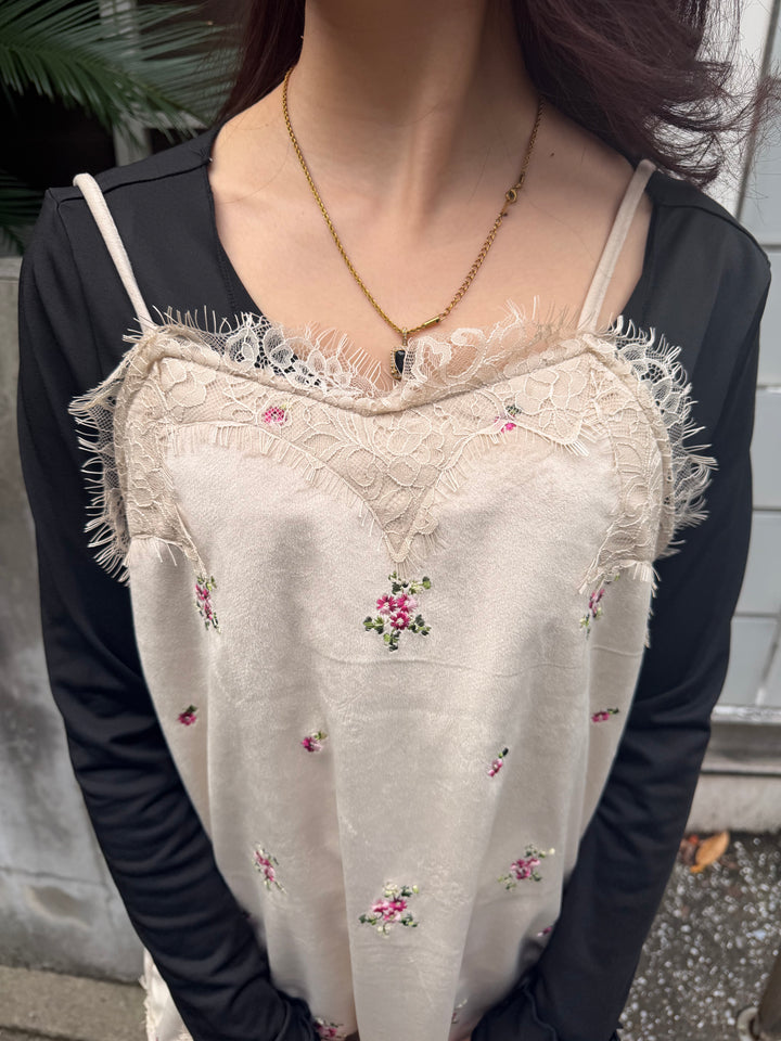 【 Select 】ベロアフラワー刺繍レーストリムキャミソール