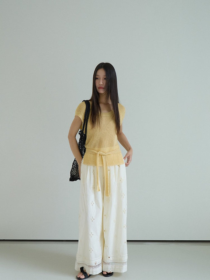 シアーサマーニットリボン付きトップス