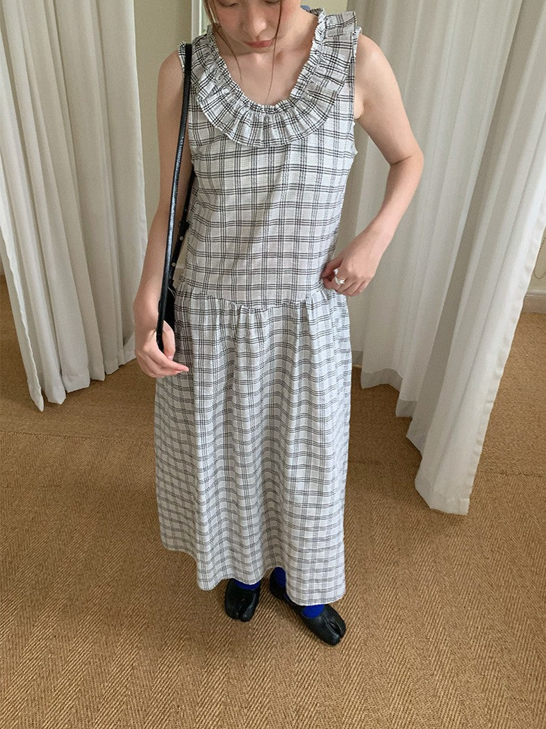 フリルネックチェックフレアワンピース