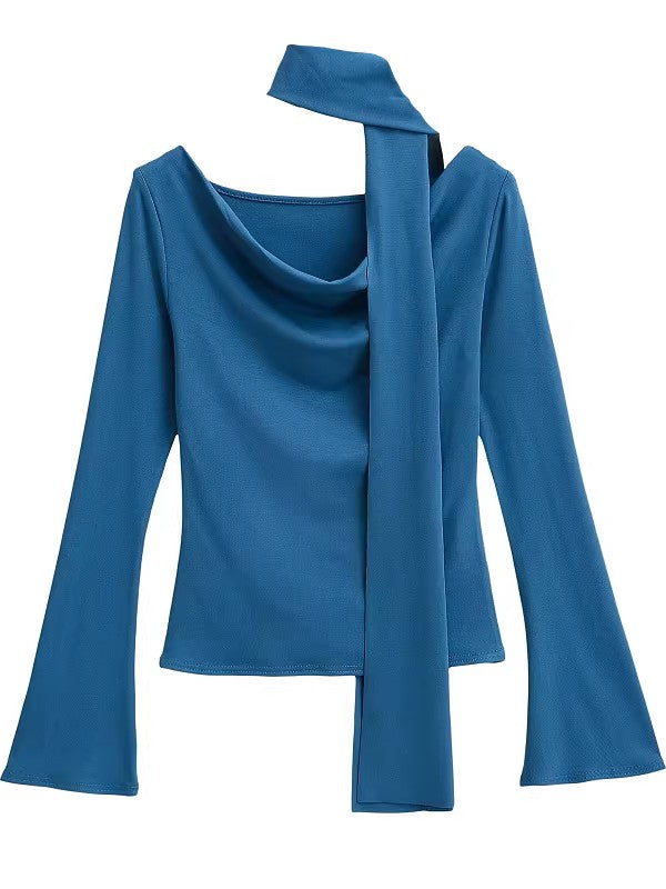 タイ付きドレープネックトップス