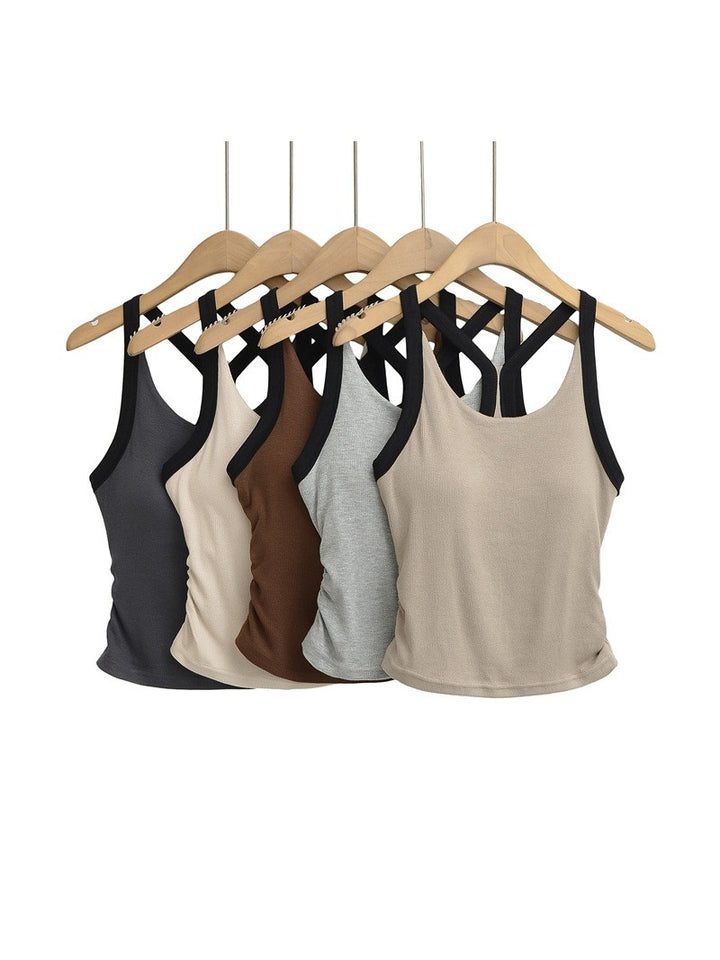 カップ付きバイカラーギャザーリブタンクトップ