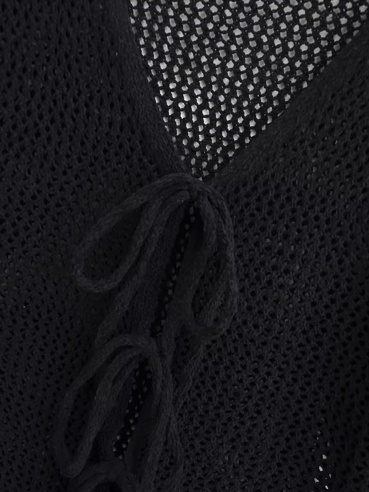 レースアップメッシュニットロングカーディガン