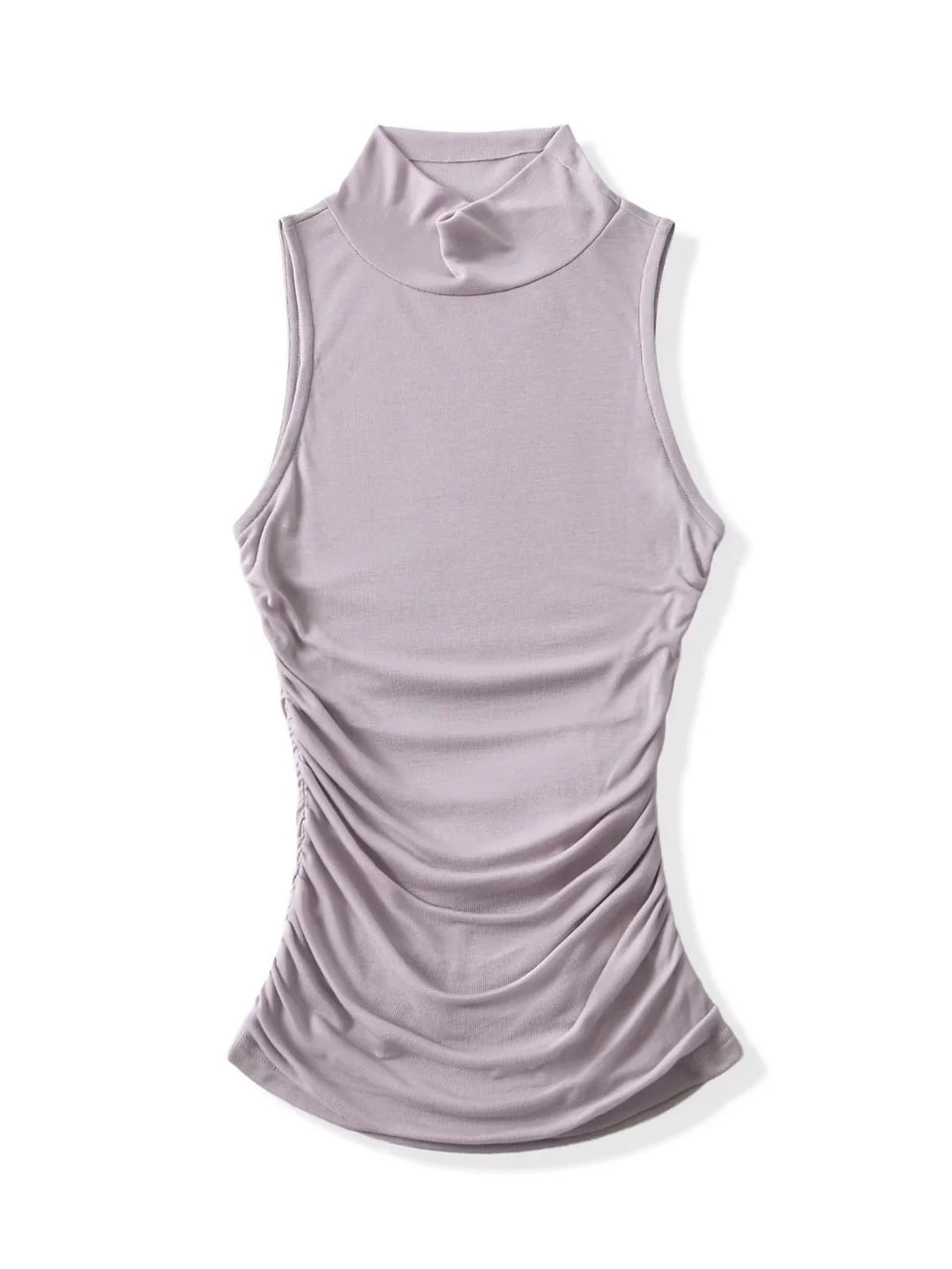 モックネックサイドギャザースリーブレストップス