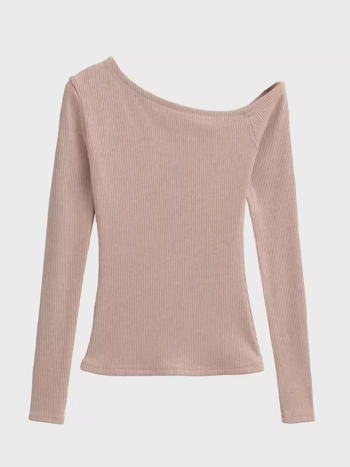 アシンメトリーネックリブトップス