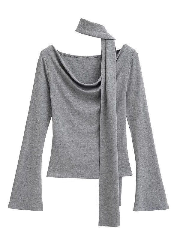 タイ付きドレープネックトップス