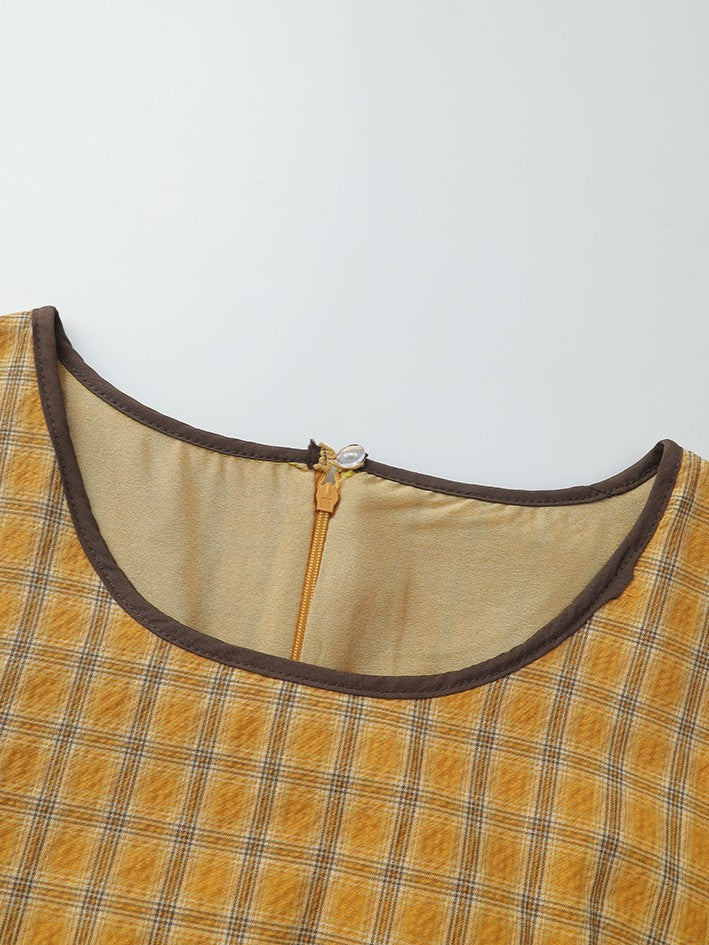 チェック柄エプロン付きレトロワンピース